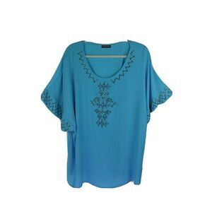 Cha Cha Vente Blouse Top Blue Metal  Studded Kimono Sleeve Womens 2X